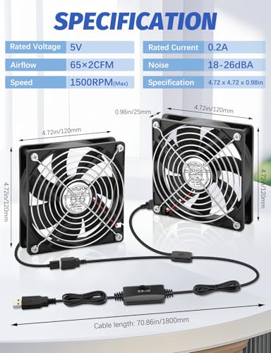 USB Cooling Fan 120mm 5V Brushless with Speed Controller 2 Packs | Small Cooling Fan with Variable Speed for PC Computer PlayStation Xbox Router Receiver DVR AV Cabinet Projector - style: 120mm x2