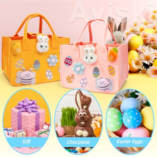 Aviski 2PCS Easter Egg Hunt Bags, Easter Bunny Gift Bags with Handles, Easter Treat Bags, Felt Easter Bags for Gifts Wrapping, Egg Hunt Game, Easter Party Supplies, 12" x7.8" x6.8"(Pink + Orange)