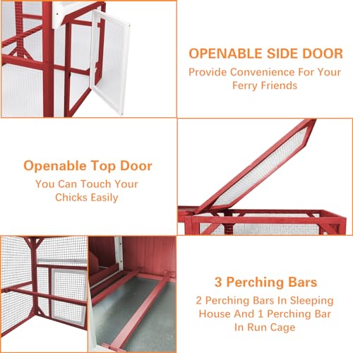 PetsCosset 95.3" Mobile Chicken Coop Tractor Hen House with Nesting Box,Backyard Chicken Coops Chicken House,2 Story Wooden Indoor Outdoor Poultry Cage for 3-5 Chicken with 6 Access,Pull-Out Tray(RED) - size: 95.3" L - Red