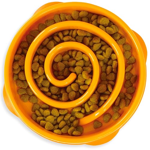 Outward Hound Fun Feeder Slo Bowl – Medium 2‑Cup Capacity, Slow Feeding, Small to Medium Dogs & Cats, Non-Slip, Orange, Swirl Pattern - color: Orange, size: Medium