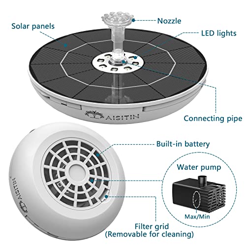 AISITIN 6.5W Solar Fountain with Lights & Battery Backup 3000mAh & 8 Nozzle | Color Changing LED Lights, 3 Anti-Drift Fixed Bracket, Solar Bird Bath Fountain for Garden, Fish Tank, Small Pond and Yard