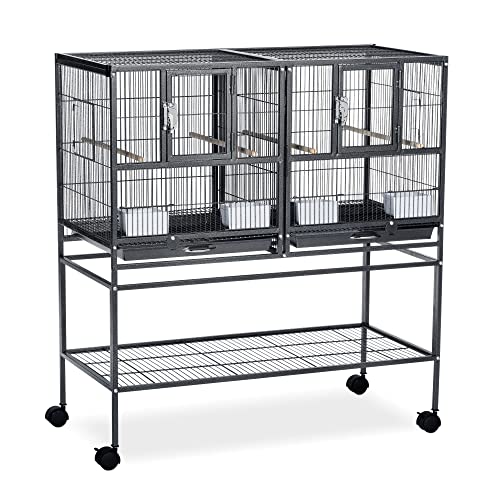 Prevue Pet Products Hampton Deluxe Divided Breeder Bird Cage System with Stand, Stackable Bird Crates for Breeding, Multi-Bird 1 or 2 Cage System, Black Hammertone Finish | Stackable Breeding Cage with Divider, Rolling Enclosure with Wooden Perches, for F