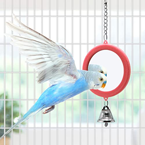 2PCS Bird Mirror with Bell Parrot Hanging Interactive Playing Toy for Cockatiel Parakeets Canaries Budgie Cage Accessories (Red) - color: Red