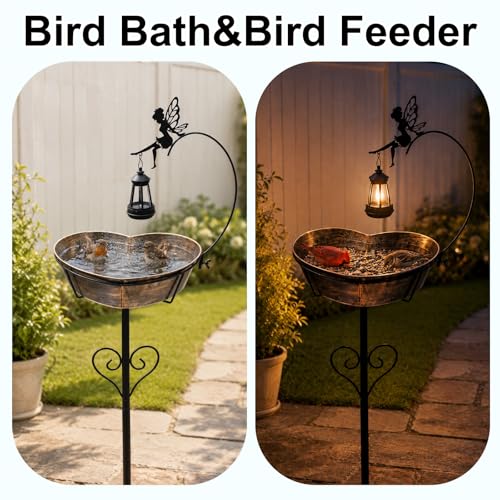 Bird Bath with Solar Lantern - 3.2" Deep, 13.8" Removable Bowl | Vintage copper finish, 35.7" rust-resistant 5-pronged stake, romantic garden gifts for bird lovers, mom, or grandparents