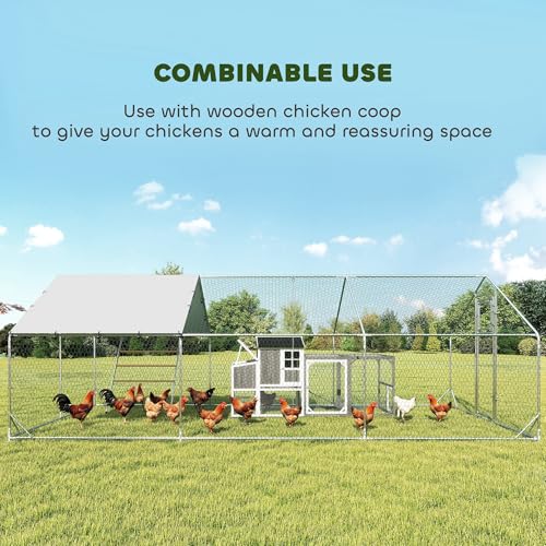 PawHut Large Metal Chicken Coop, Walk in Chicken Run with Waterproof & Anti-UV Cover, Feeding Door, Hanging Feeder, Perch, Outdoor Duck Cage Rabbit Hutch Pen, for 18-24 Poultries, 9.8' x 19.7' x 6.4' | Walk in Chicken Run, Waterproof & Anti-UV Cover, Hang