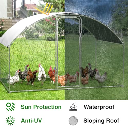 Garvee Metal Chicken Run, 9.8 x 6.5 x 6.5 Ft Metal Chicken Coop for Yard with Waterproof and Anti-Ultraviolet Cover, Dome Roof Walk in Chicken House, Poultry Cage for Hen, Duck and Rabbit - size: 118.1"L x 78.7"W x 78.7"H