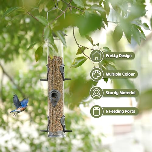 Metal Bird Feeder Tube Hanging Wild Bird Seed Feeder Aluminum Six Port Bird Feeders,1.4 mm Extra Thick Solid Tube Transparent with Steel Hanger Great for Attracting Birds (Grey 2PK) - color: Grey 2PK