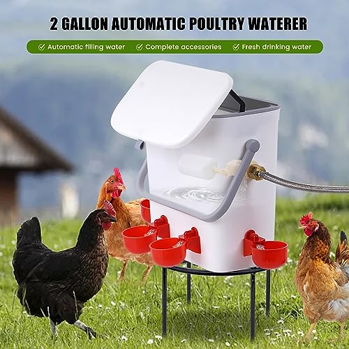 Automatic Water Dispenser for Chickens and Poultry Waterer | 2 Gal Float-Control Auto Waterer with 4 Water Cups, Chicken Drinker with Hose Attachment for Chicks, Gooses, Ducks, Turkeys