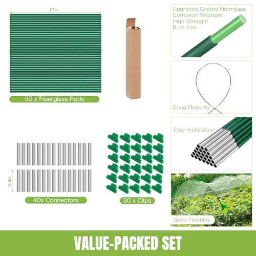 50 Pack Garden Hoops for Raised Beds, 10 Sets Fiberglass with PVC | Durable, Rust-proof, DIY greenhouse tunnel, For row cover, Bird netting, Plant frost protection, Extends growing season - color: Green-50P