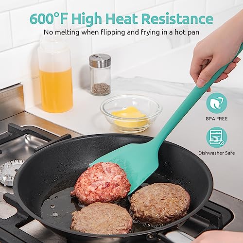 U-Taste 600ºF Heat Resistant 13.6in Long Solid & Slotted Silicone Turner and 600ºF Heat Resistat Silicone Flexible Baking Spoon Spatula & Cooking Scoop Spoonula (Aqua Sky)