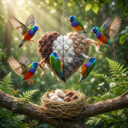 Handmade Fiber Bird Nesting Heart,Birds Nests Material Holder,Refillable Bird Haven Heart-Shaped Hummingbird Nest with Nesting Material,Winter Tree Shelter for Wild Bird,Gift for Hummingbird Lover,1PC