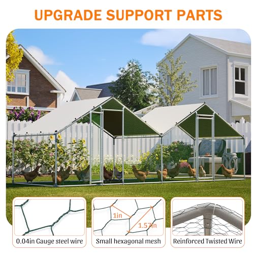 Large 2 Spire Roof Metal Chicken Coop 20×6.72×6.66FT with Run,Water-Resident Poultry Fence with Upgrade Wire Mesh and Anti-UV Cover,Walk-In Hens Pen for Yard,Outdoor Chicken Cage for Duck,Rabbit House - size: 240.0"L x 80.0"W x 79.0"H