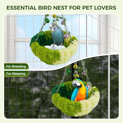 Admaison Bird Nest with Bell for Cage,Plush Hanging Bird Bed for Parakeet Indoor & Outdoor,Breeding Bird House for Conure,Budgie,Cockatiel,Lovebird,Canary,Finch,Hamster,Small Pets,Warm Nest,Green L - color: Green+Bell, size: L