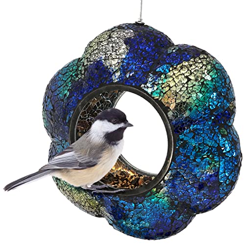 Sunnydaze Mosaic Glass Bird Feeder, Fly-Through, Indigo Flower Mosaic | 10" Small Unique Hanging Bird Feeder for Outdoors, Drainage Hole, Weather-Resistant, Birdfeeder for Cardinals, Jays, Finches - color: Indigo Flower Mosaic