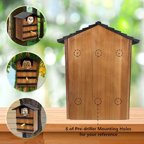 KOOPRO Screech Owl House for Outdoors, Weatherproof Large 14.5"x9.4"x7.8" | Barn Owl Nesting Box Wooden for Outside with Mounting Screws & Natural Shavings, Easy Assembly Required