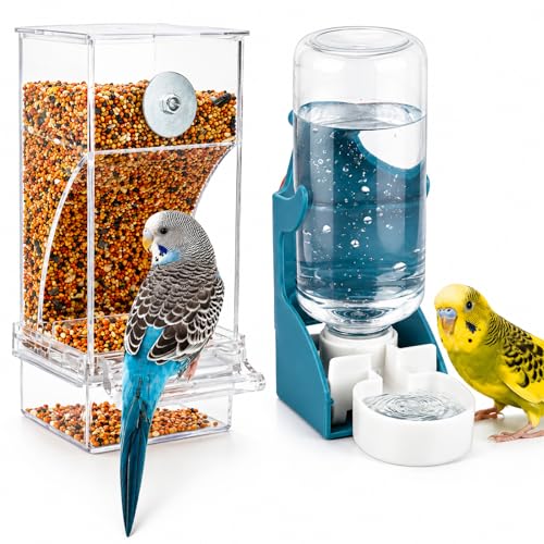 Rypet No-Mess Bird Feeder and Water Dispenser Set for Small Birds | Automatic Bird Feeder, Transparent Acrylic Food Container, Helps Reduce Seed Scatter, for Parakeet Cockatiel Parrot Canary - color: Feeder + Drinking Bottle