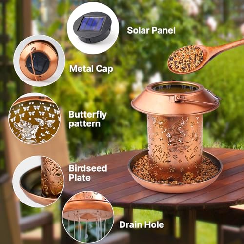 Solar Bird Feeders for Outdoors Hanging,Metal Waterproof Outdoor Summer Bird Feeders Lantern Modeling Decor,Wild Bird Feeder Weather Resistant Gifts for Friends,Yard,Patio,Porch,Balcony - size: 1pack Butterfly