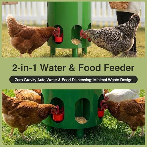 Green Chicken Feeder and Waterer Set-4 Gal/39.8 LB, Metal Chicken Feeders No Waste with 4 Cups, 4 Feeder Ports, Lid, Portable Gravity Chicken Feeder Automatic for Outdoors & Poultry