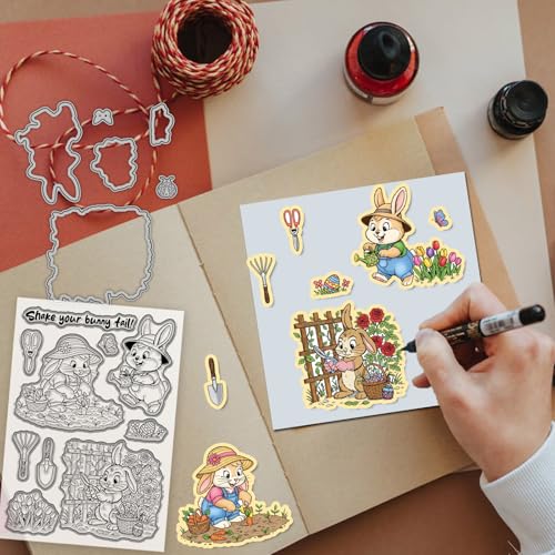 GLOBLELAND Cartoon Gardener Bunny Clear Stamps and Metal Die Cuts Spring Easter Rabbit Transparent Stamp Cute Animals Cutting Dies for Card Making Embossing Scrapbooking - style: Gardener Bunny
