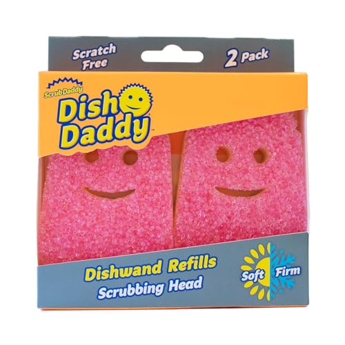 Scrub Daddy Dish Wand Scrubbing Brush Replacement Heads, Soap Dispensing Brushes, Texture Changing Washing Up Sponges, Detachable Dish Daddy Head Sponge Refills, Pink 2 Pack