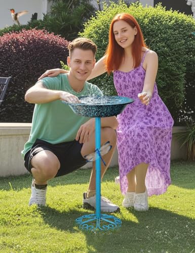 SAC SMARTEN ARTS Freestanding Bird Bath for Outside Metal Birdbaths Birdfeeder Bowl with Metal Stake Spa Bird Feeder Standing for Garden Patio Yard Lawn Décor 25.5 Inch Height - color: Carbon Black with Turquoise & Copper Speckles