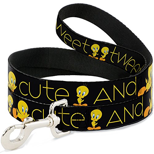 Buckle-Down Pet Leash - Tweety Bird Poses CUTE AND SWEET Black/Yellow - 4 Feet Long - 1" Wide | Tweety Bird Poses Cute And Sweet Black Yellow Durable Stylish For Walks - size: 4 Feet Long - 1" Wide