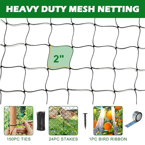 BSTPCOO Chicken Netting Roof Hawk 100x100ft, Heavy Duty 2" Mesh Bird Net | Bird Nettings for Garden with Birds Scare Tape, Nylon Bird Netting for Chicken Coop, Avian Nettings Deer Fence Fruit Tree Net - size: 100'×100'-2''