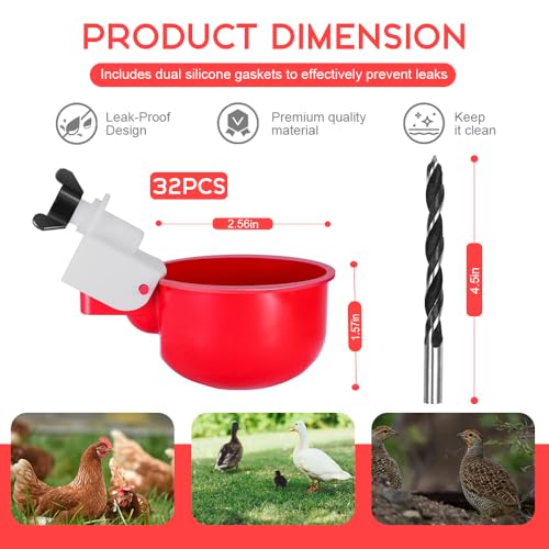 32 Pack Auto Chicken Poultry Waterer Cups Feeder for Diy Chicken Coop Automatic Watering Cup Dispenser Drinker Bebederos De Agua Para Gallinas with Mounting Hole Opener Double Leak-proof Washer - size: 32 Pcs