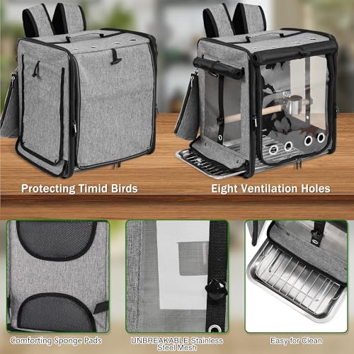 Bird Carrier with Seat Belt for Car Travel, Bird Backpack Carrier with Indestructible Stainless Steel Mesh, Large Bird Carrier Travel Cage, Grey - color: Grey, size: 13.5"L x 10.0"W x 15.5"H