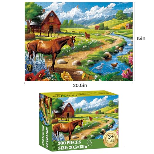 300 Pieces Puzzles for Adults WSCXSC Horse Animals Jigsaw Puzzles | Mountains Cabin Countryside Puzzles Pieces Fit Together Challenging Puzzle for Adult Children Thick Paper Elderly Gift Toy - color: Horse