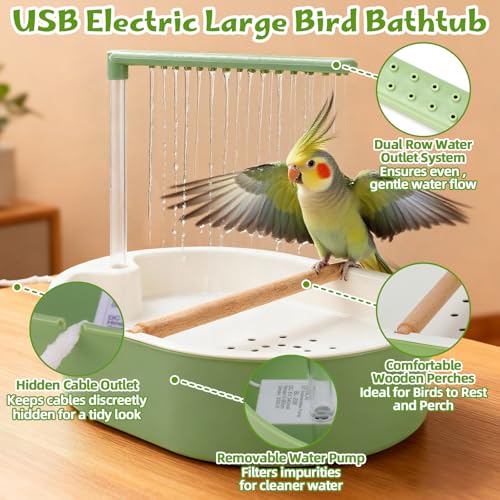Automatic Bird Bath with Electric Water Pump Tub for Parakeets | Quiet Running Faucet, Continuous Flowing Shower Toy, for Cockatiel, Budgie, Conure, Lovebird, Quaker, Small Medium Birds
