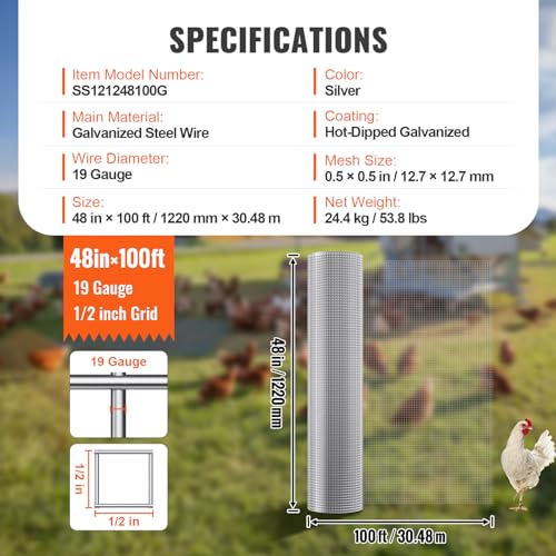 VEVOR Hardware Cloth, 1/2 inch 48in x 100 ft 19 Gauge, Hot Dipped Galvanized Wire Mesh Roll, Chicken Wire Fencing, Wire Mesh for Rabbit Cages, Garden, Small Rodents - size: 48'' x 100'