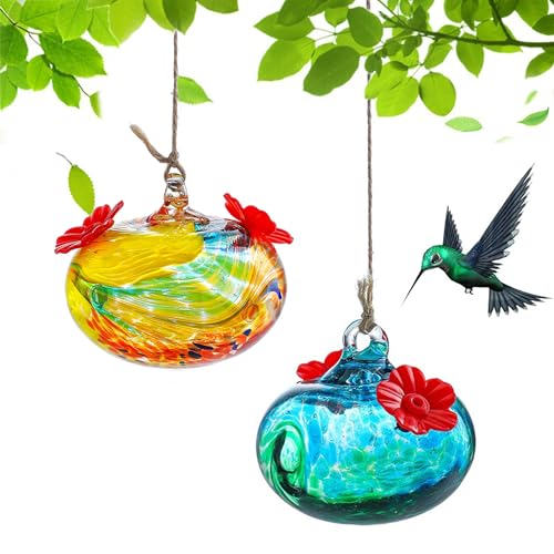Pack 2 Blown Glass Hummingbird Feeders for Outdoors Window Hanging | Ant and Bee Proof - color: Color-3