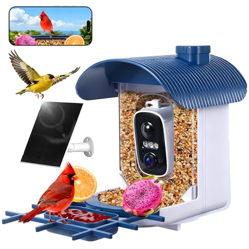 Smart Bird Feeder with Camera : 2K HD Video Live Stream, AI Birds Species Identification ＆ Instant Arrival Alerts, Solar Bird Feeder Camera for Outdoor Backyard - Ideal Gifts for Mom Dad Birdlovers - color: Blue