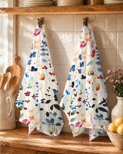 150GSM Flour Sack Kitchen Towels Set of 2, Watercolor Flower | 18"x26", Lightweight, Lint-Free, Pure Cotton, Decorative, with Hanging Loop, Absorbent, Softer after Wash, Giftable Package - color: Wild Flower