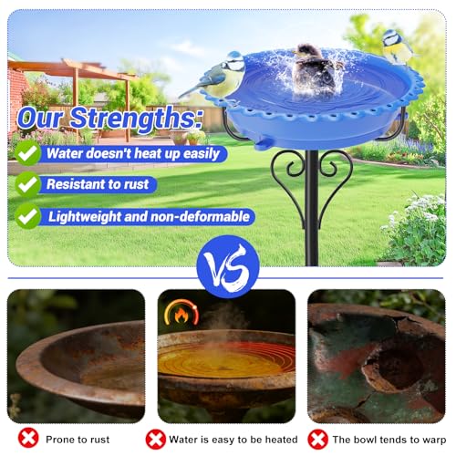 Bird Bath for Outside,12" Plastic Removable Bowl,Blue | Heavy Duty Metal 5 Prongs Base,Easy CLean,Weather-Resistant,Rust-Proof,40" Freestanding Birdbath for Garden Patio Yard Lawn - color: Blue-Freestanding