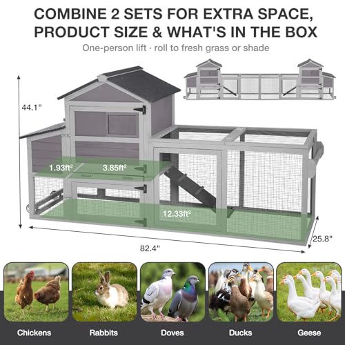 Large Chicken Coop with Wheels, Wooden Hen House with Run & Nesting Box, for 3-5 Chickens, Waterproof Asphalt Roof, Ramp & Leakproof Tray, Expandable - Grey - color: Grey (AIR72)