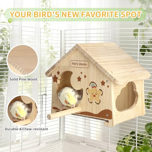 Wooden Bird House with Removable Wood Tray & Stainless Steel Mesh Bottom, DIY Paintable Birdhouse for Lovebirds Budgies Cockatiels Conures, Cozy Bird Nest Indoor Outdoor Use (Wood Tray + Steel Mesh)