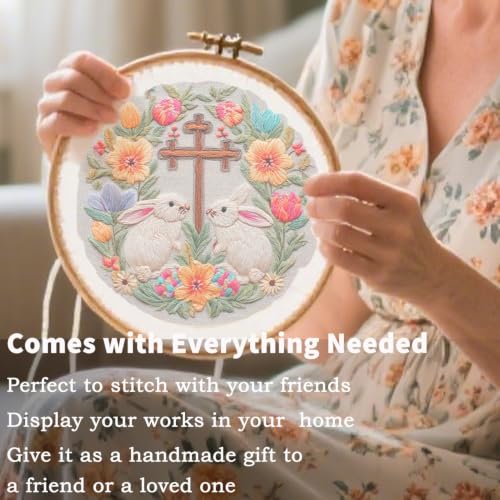 FONNUY Easter Rabbit Floral Cross Embroidery Kit, Easter Egg Happy Rabbits Bunny Stamped Pattern Kits for Audlt Beginners, Hand Works Crafts, 8 x 8'' (Happy Bunny 04) - color: Happy Bunny 04