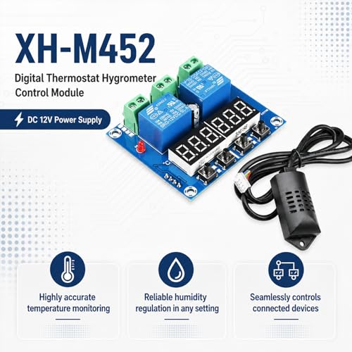 2-Pack XH-M452 Humidity Controller Digital Thermostat, Dual Relay 10A | DC 12V, LED display, independent heating and humidity control, for furnace, humidifier, and incubation projects