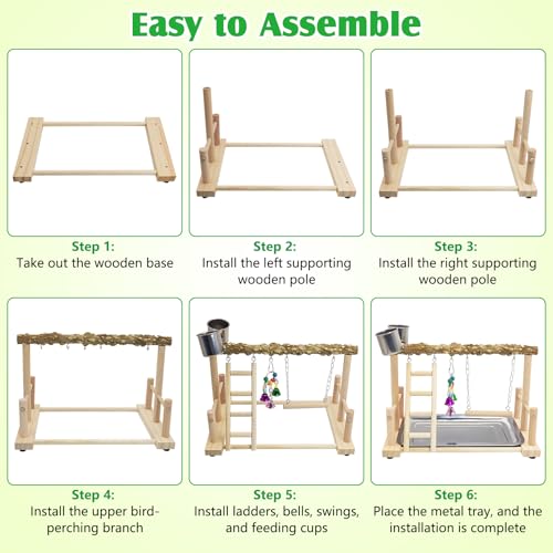 kathson Parrots Playground Bird Perch Wood Playstand Stand with Ladder Swing Feeder Cups Chew Toy for Parakeet Conure Cockatiel Budgie Lovebird Finch Small Birds
