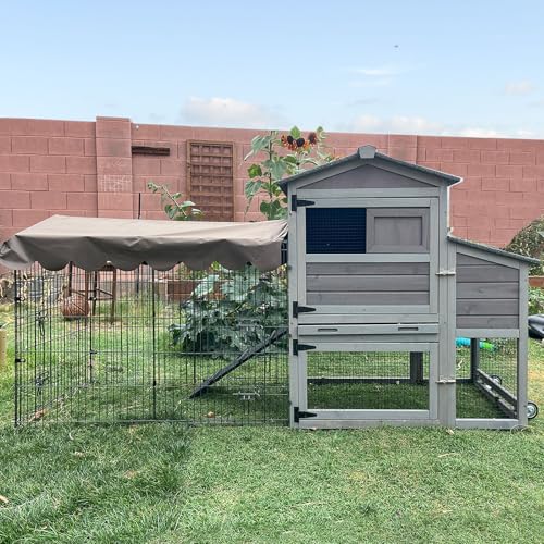 Aivituvin Chicken Coop with Wheels Mobile Hen House Poultry Cage for 2-4 Chickens with Metal Run and Nesting Box 79" L - color: Grey, size: 81.9"L x 28.9"W x 43.6"H