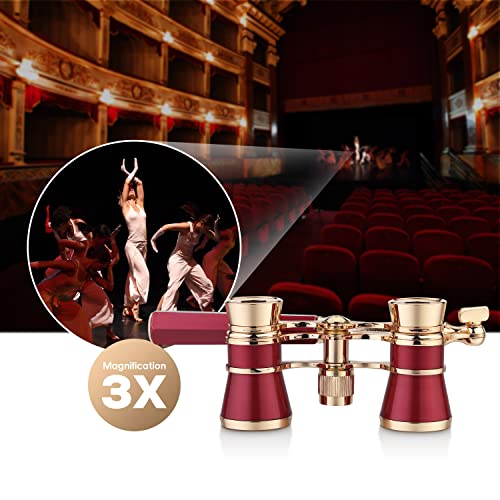 Aomekie Opera Glasses Binoculars 3X25 Theater Glasses Mini Binocular Compact with Handle for Adults Women in Musical Concert（Red） - color: Red with Handle