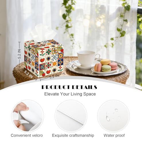 Mediterranean Colorful Pattern Tissue Box Holder, PU Leather Holder with Spanish Artistic Pattern for Living Room/Bathroom/Bedroom/Kitchen Decoration, Gift for Style Focused Homeowners. - color: White Decoration Theme-02
