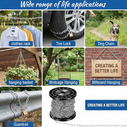 50ft Galvanized Steel Hanging Jack Chain 1/16" Silver Metal Link Chain Roll Spool for Light Fixture, Overhead Lights, Artworks, Bird Feeders, Dog Leashes, Signs, DIY Projects(1.5mm with Spool)