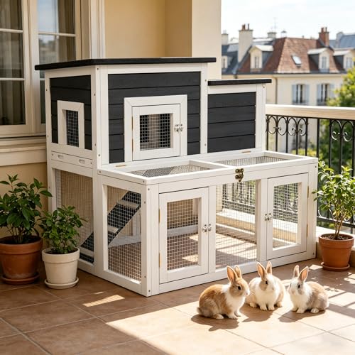 Outdoor Rabbit Hutch Wooden Bunny Cage for Small Animals | 2-Tier Chicken Coop, Waterproof Asphalt Roof, Non-Slip Ramp, Openable Top, Pull-Out Cleaning Tray - color: Gray+Black
