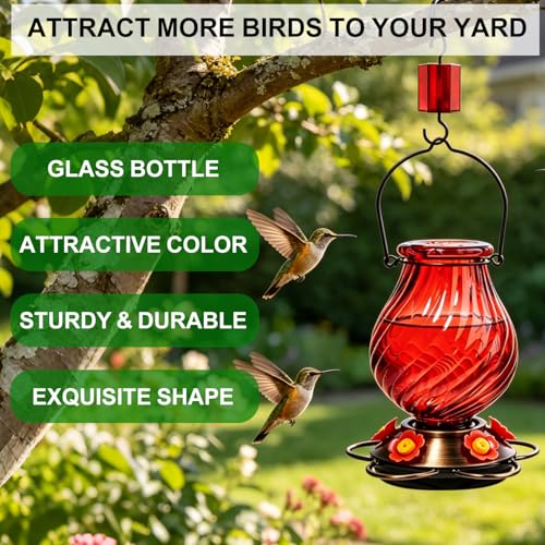 32oz Large Glass Hummingbird Feeders for Outdoors Hanging,Large Capacity Red Hummingbird Feeder with Built-in Ant Moat,Glass Humming Bird Feeder,Gifts for Mom Dad,Outside Garden Décor - color: Red-A