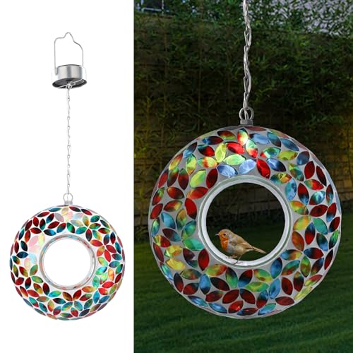 VCUTEKA Solar Bird Feeder, Fly Through Mosaic Birdfeeder for Garden Decor | 10" Mosaic Bird Feeders for Outside Hanging Round Shape Glass Container to Attract More Wild Bird Feeders for Bird Lovers - color: Red&Blue