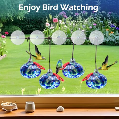 Pozfun Set of 3 Hummingbird Feeders for Outdoors Hanging,Hand-Blown Glass Hummingbird Feeder with Silicone Feeding Perch,Never Leak,Gardening Gifts for Woman Man - color: Dark Blue
