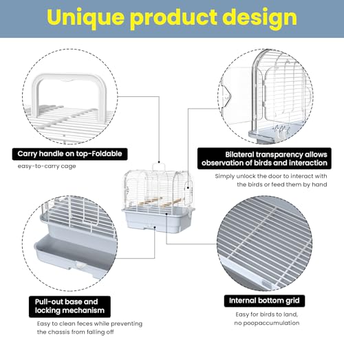 Travel Bird Carrier Cage,Parakeet Portable Cage with Feeder Cup & Standing | Transparent Small Bird Cage,Side-Opening Double Doors,Top Handle,4.9-inch Pull-Out Raised Chassis,Easy to Install